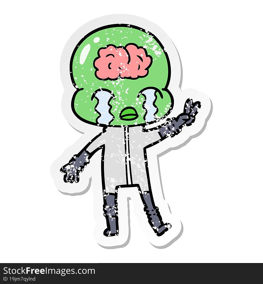 distressed sticker of a cartoon big brain alien crying and giving peace sign