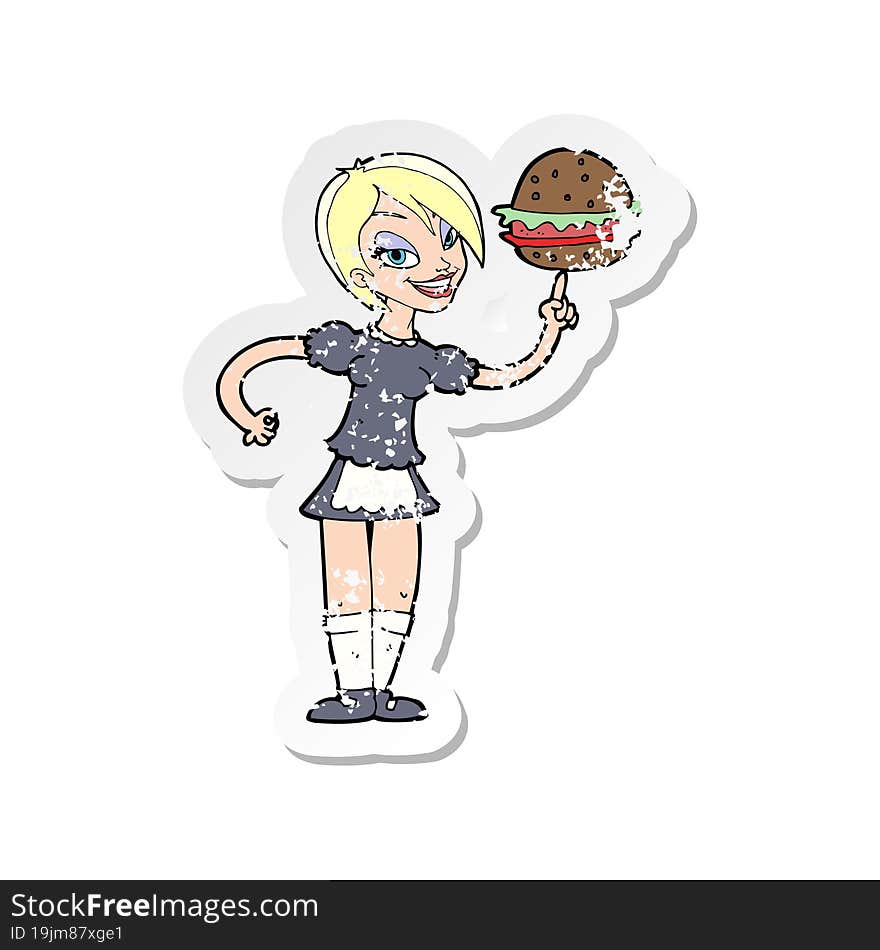 retro distressed sticker of a cartoon waitress serving a burger