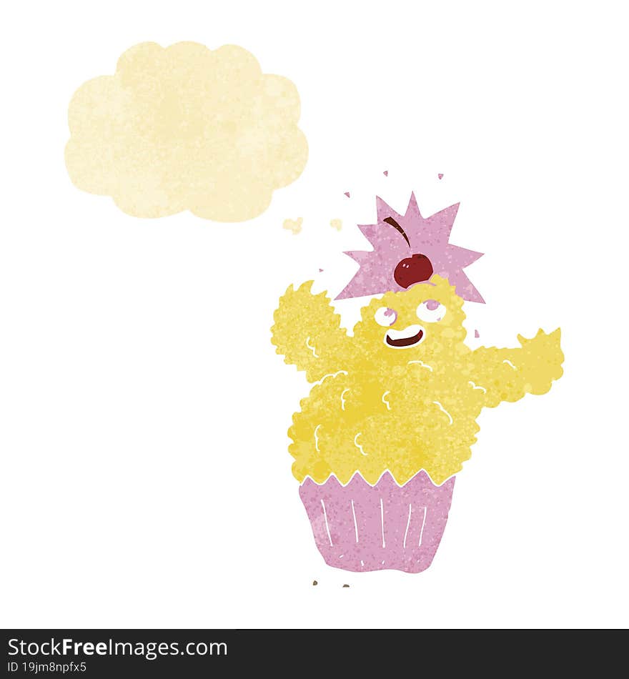 cartoon cupcake monster with thought bubble