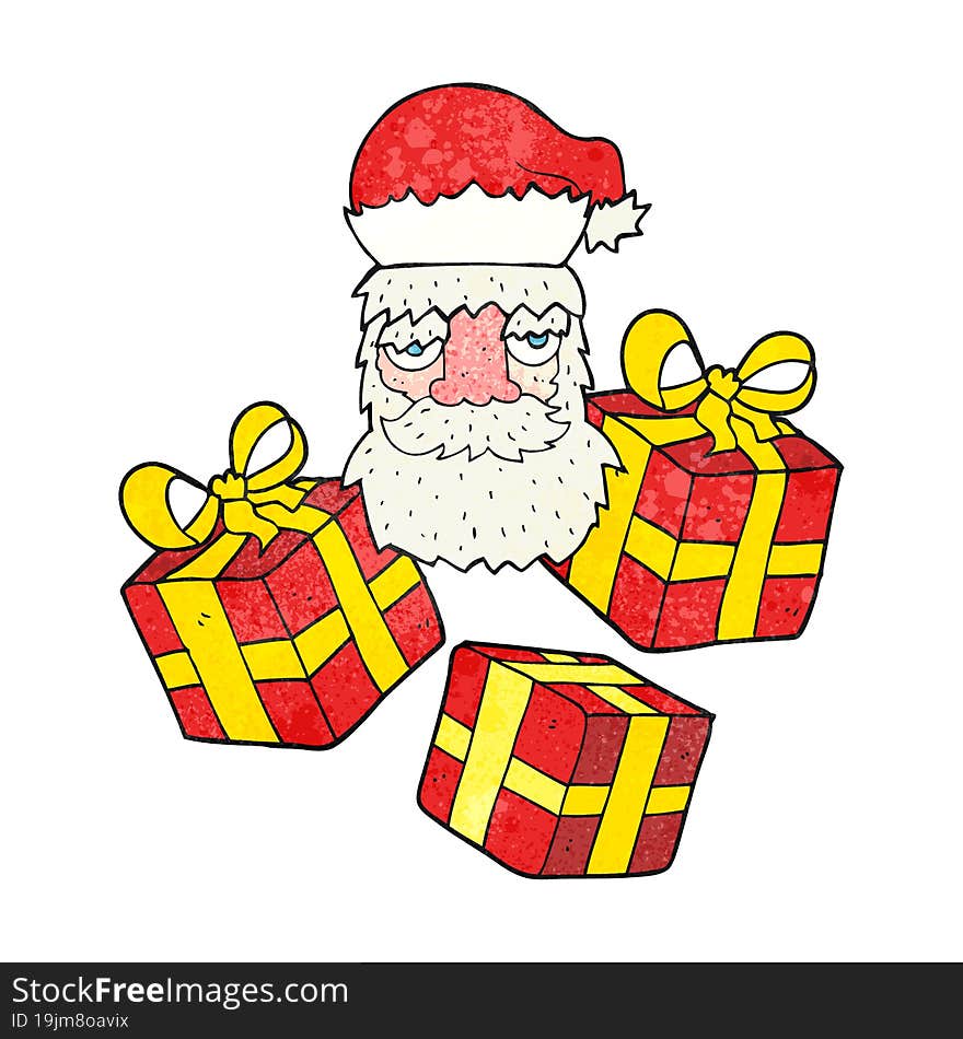 texture cartoon tired santa claus face with presents