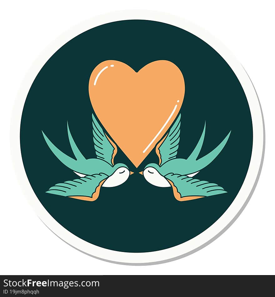 sticker of tattoo in traditional style of swallows and a heart. sticker of tattoo in traditional style of swallows and a heart