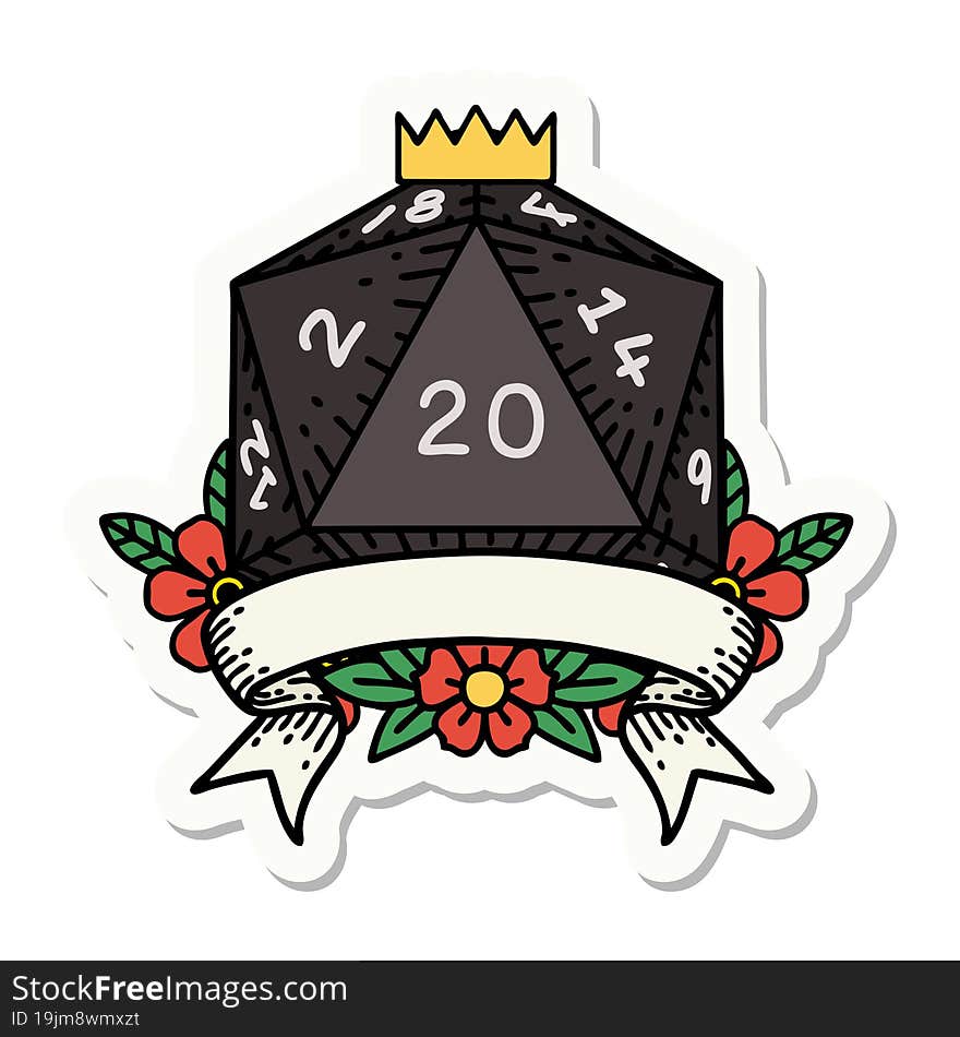 sticker of a natural 20 critical hit D20 dice roll. sticker of a natural 20 critical hit D20 dice roll