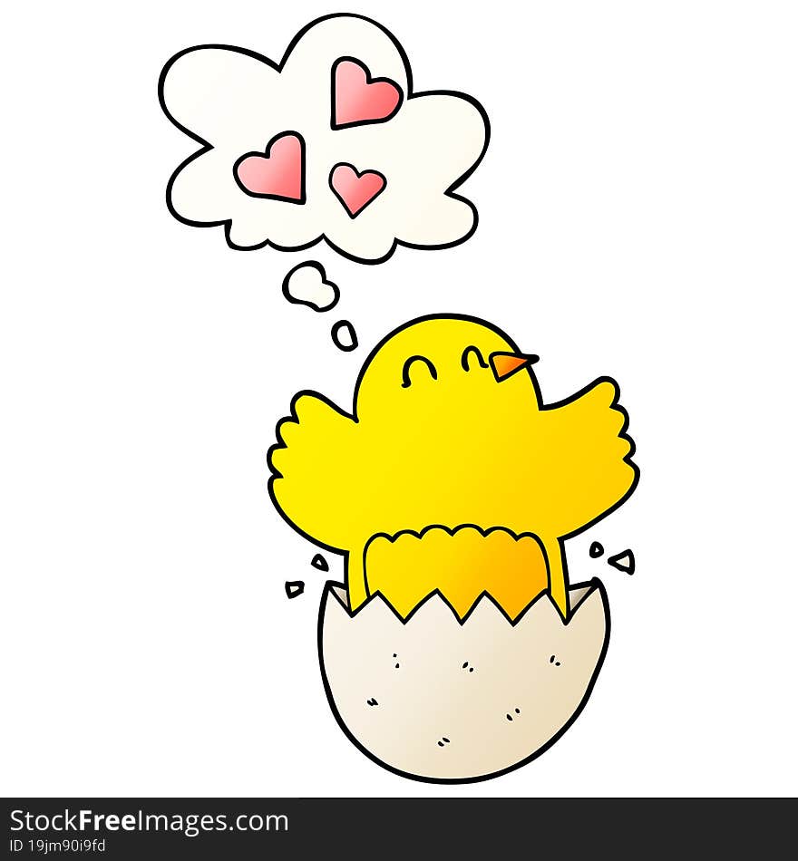 cute hatching chick cartoon with thought bubble in smooth gradient style