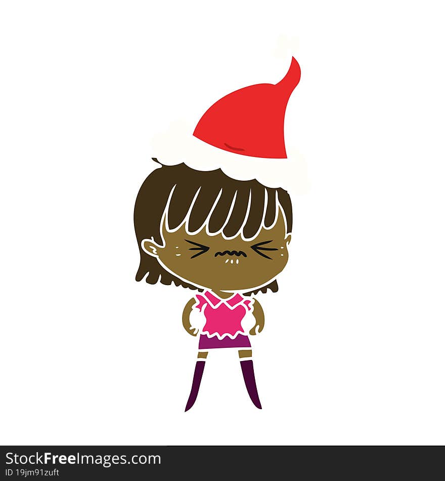 annoyed flat color illustration of a girl wearing santa hat