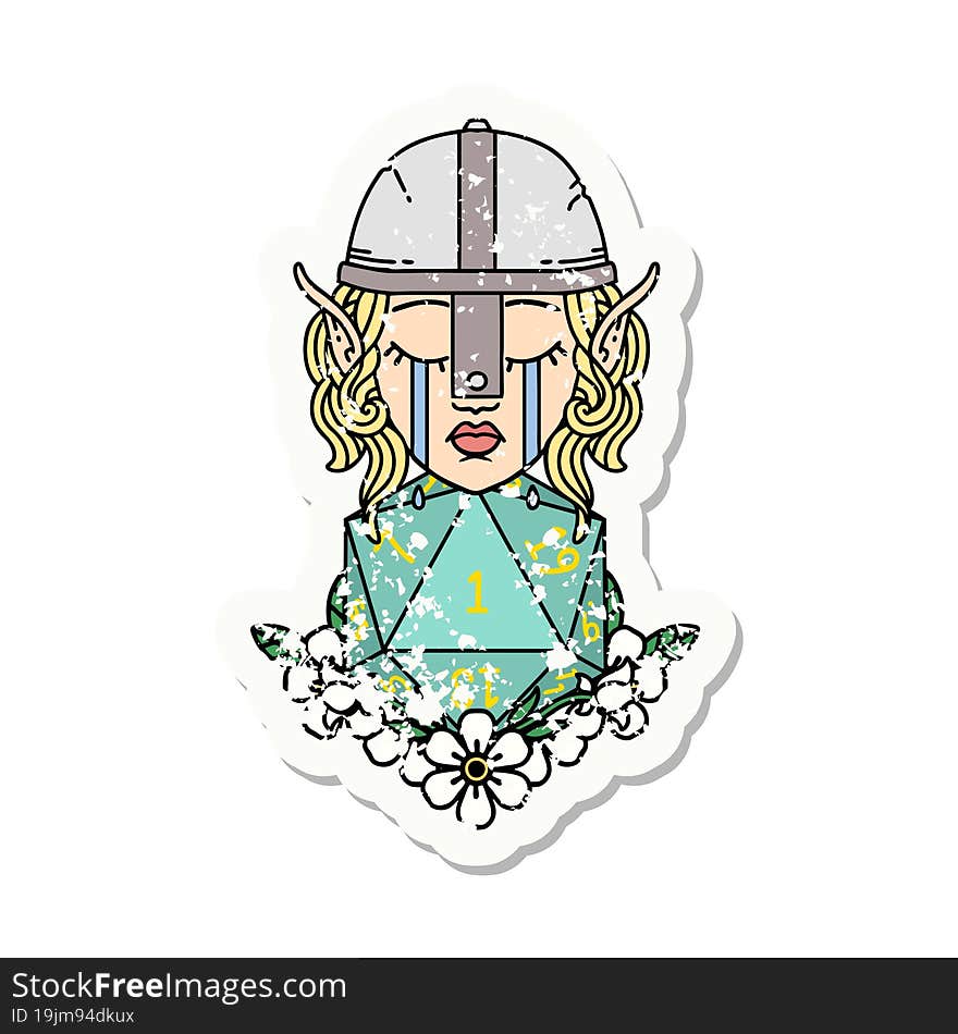 sad elf fighter character with natural one d20 roll grunge sticker