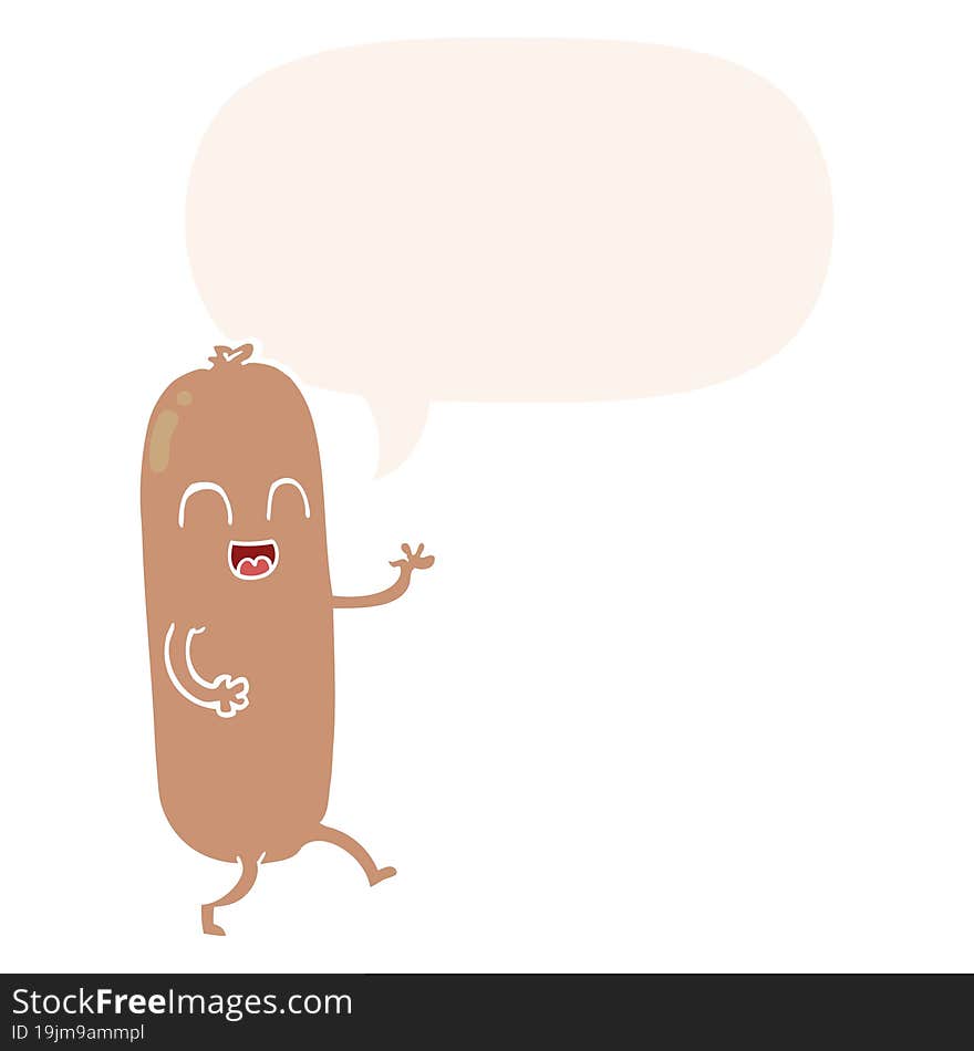 cartoon dancing sausage and speech bubble in retro style