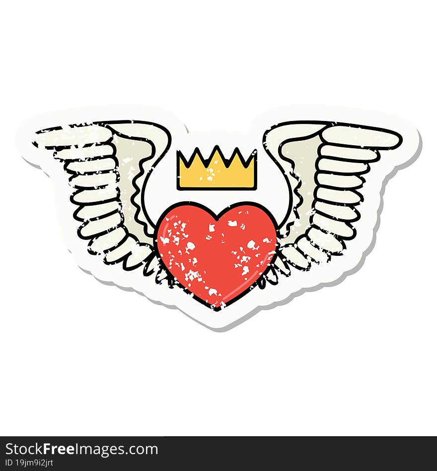 traditional distressed sticker tattoo of a heart with wings