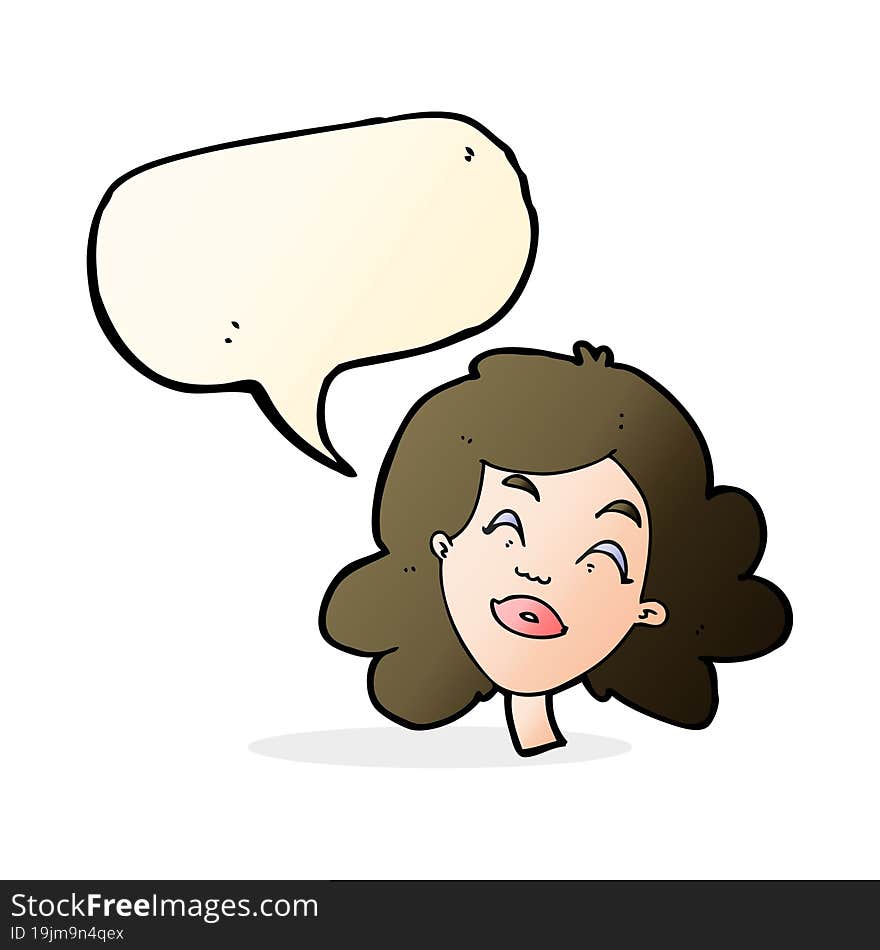 cartoon happy female face with speech bubble