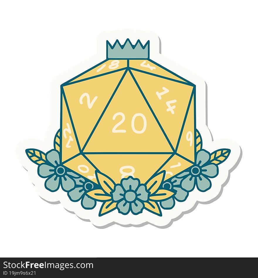 sticker of a natural 20 D20 dice roll with floral elements. sticker of a natural 20 D20 dice roll with floral elements