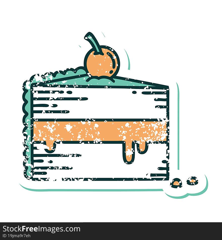 distressed sticker tattoo style icon of a slice of cake