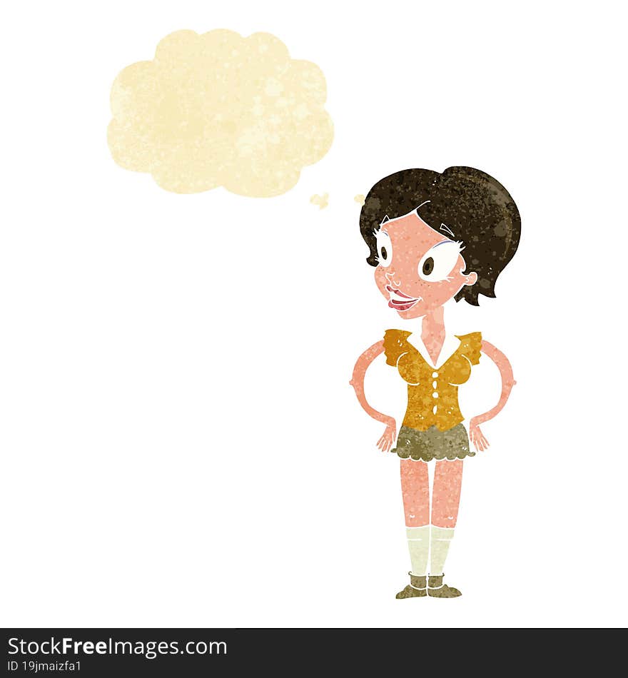 cartoon happy woman in short skirt with thought bubble