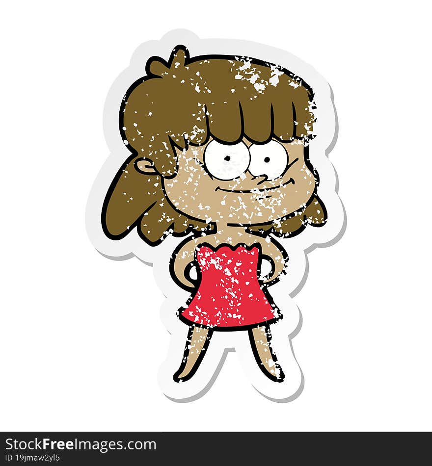 distressed sticker of a cartoon smiling woman