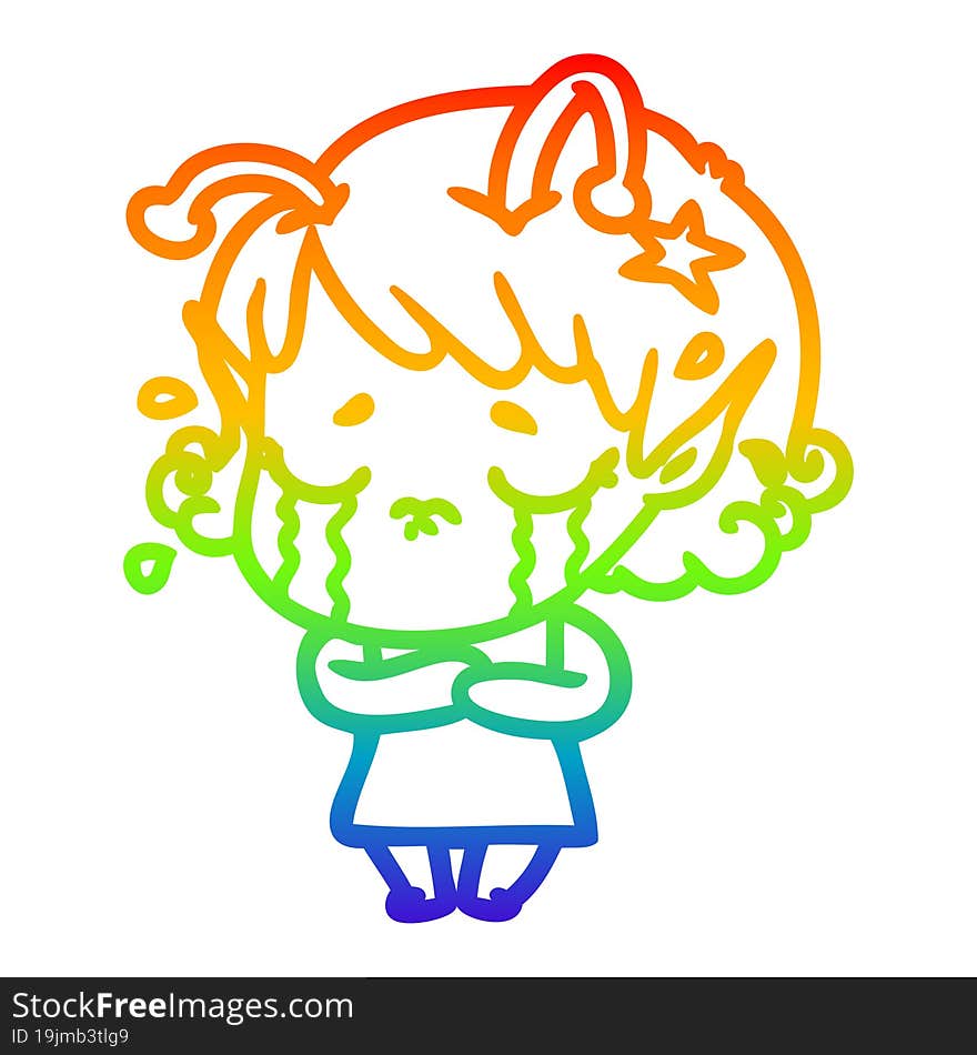 rainbow gradient line drawing of a cartoon crying alien girl