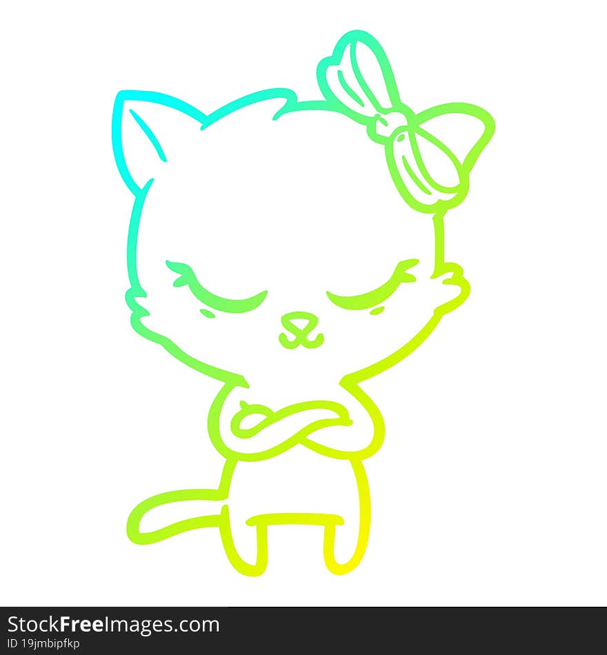 cold gradient line drawing cute cartoon cat with bow