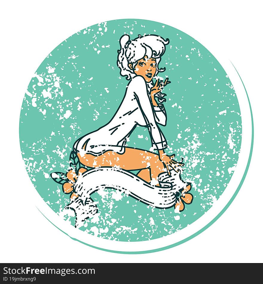 Distressed Sticker Tattoo Style Icon Of A Pinup Girl Wearing A Shirt With Banner