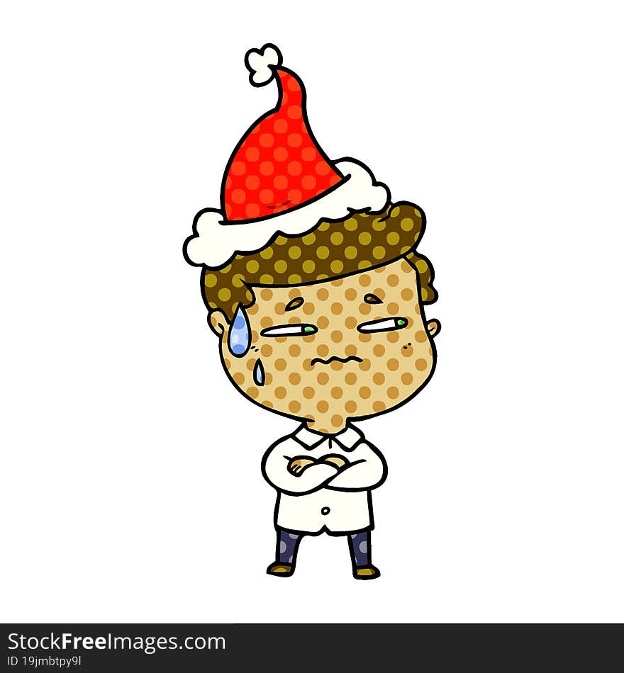 comic book style illustration of a anxious man wearing santa hat