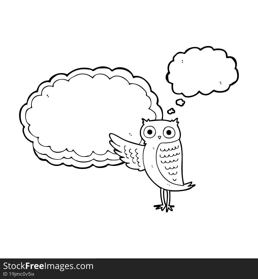 freehand drawn thought bubble cartoon owl pointing