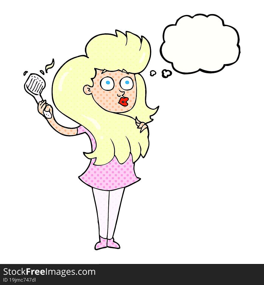 freehand drawn thought bubble cartoon woman brushing hair