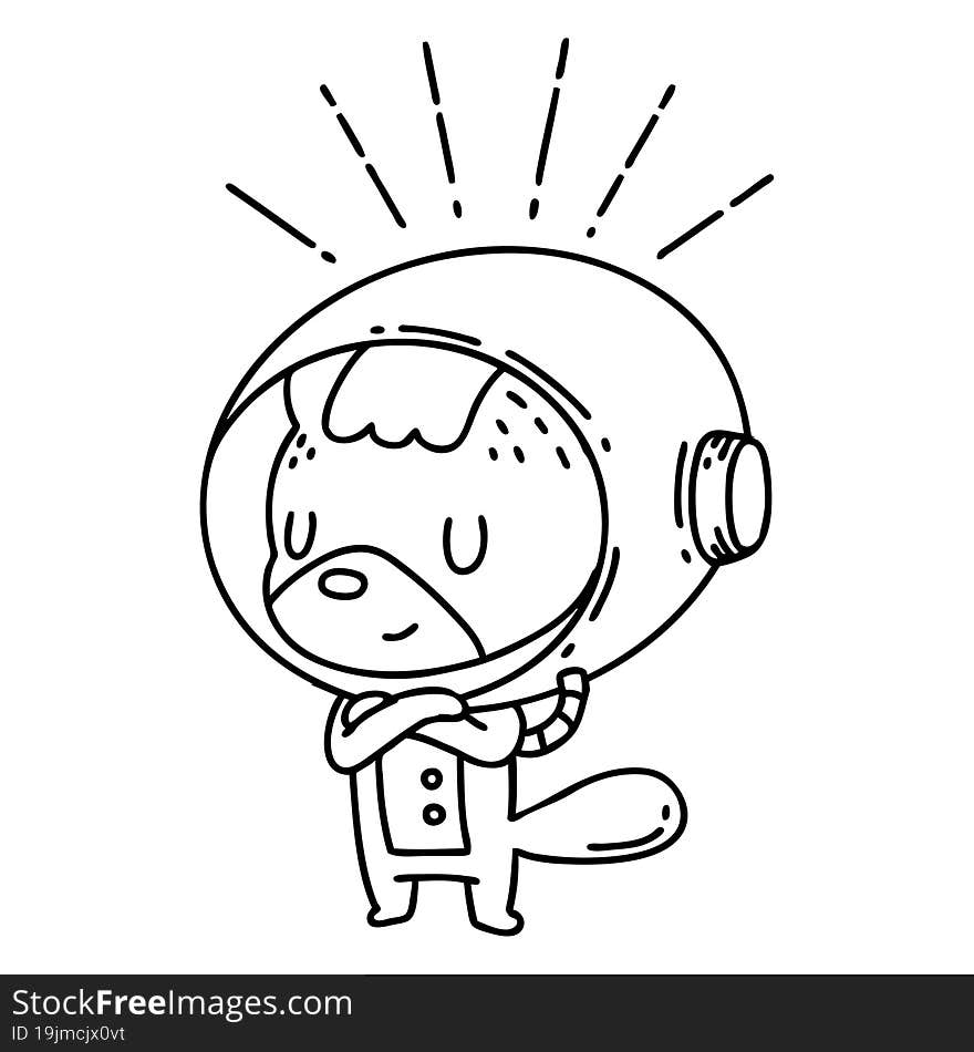 illustration of a traditional black line work tattoo style animal in astronaut suit