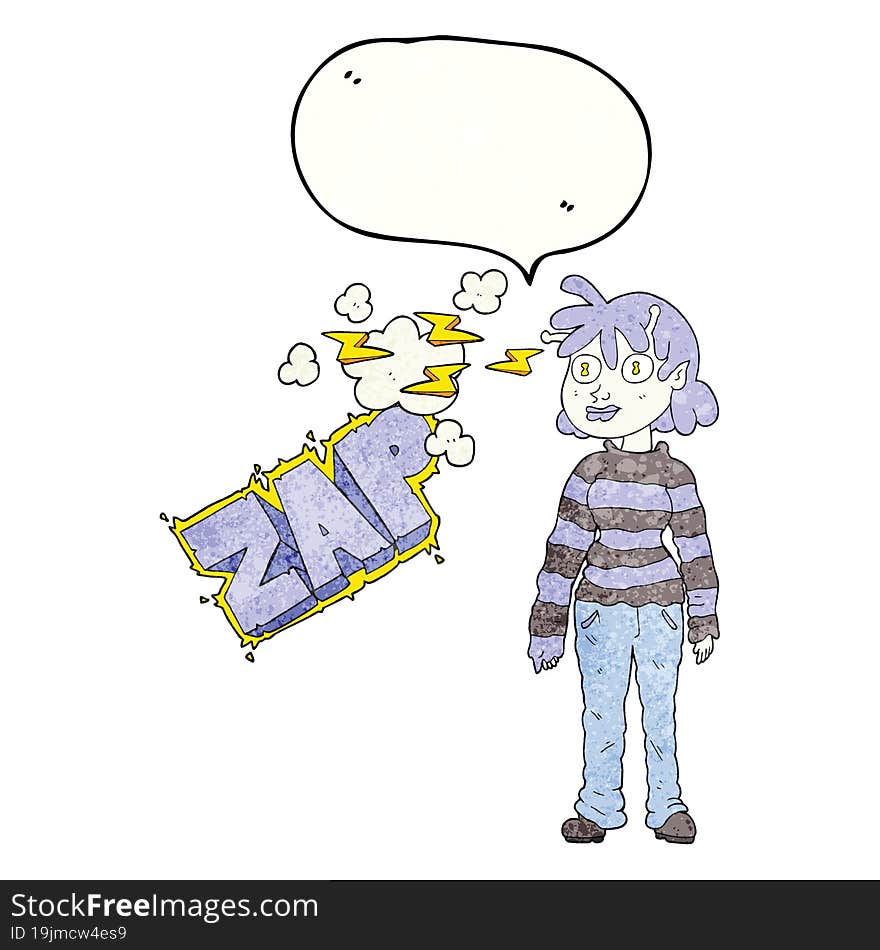 speech bubble textured cartoon casual alien girl using telepathy