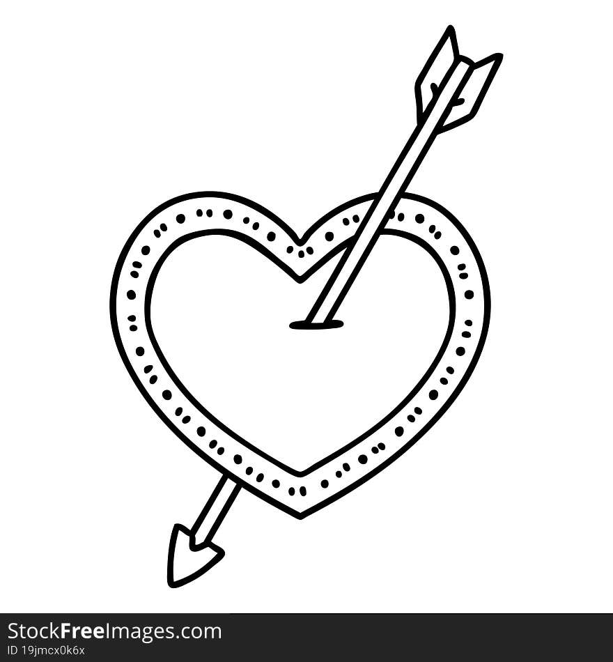 tattoo in black line style of an arrow and heart. tattoo in black line style of an arrow and heart