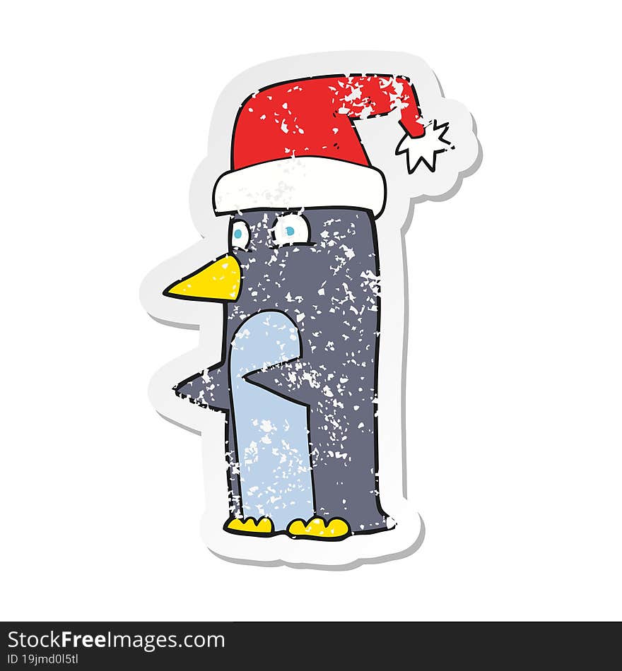 Retro Distressed Sticker Of A Cartoon Christmas Penguin