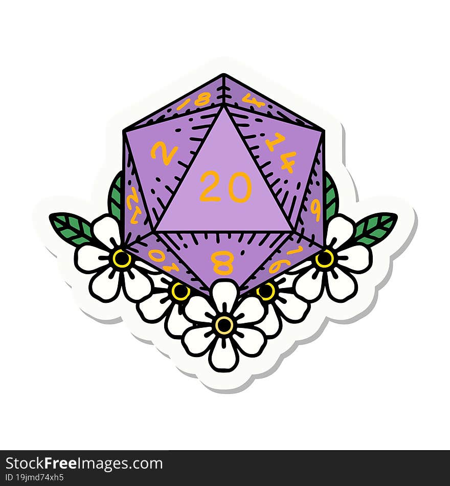 Natural 20 D20 Dice Roll With Floral Elements Sticker