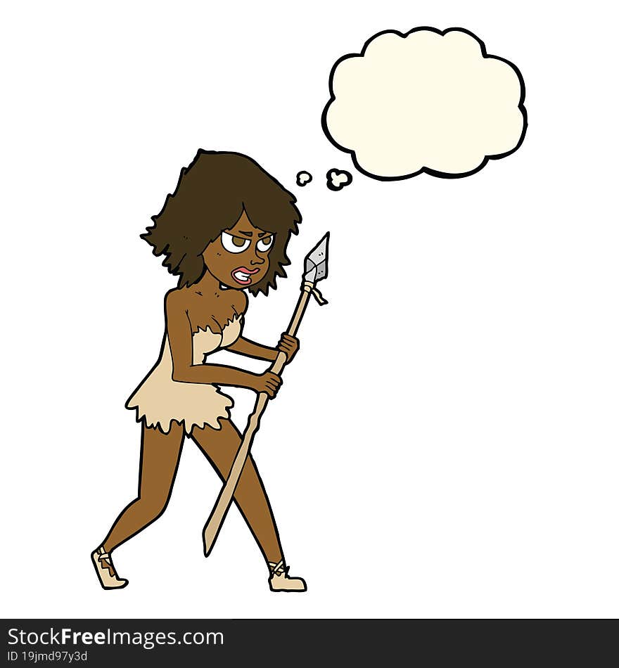 cartoon cave girl with thought bubble