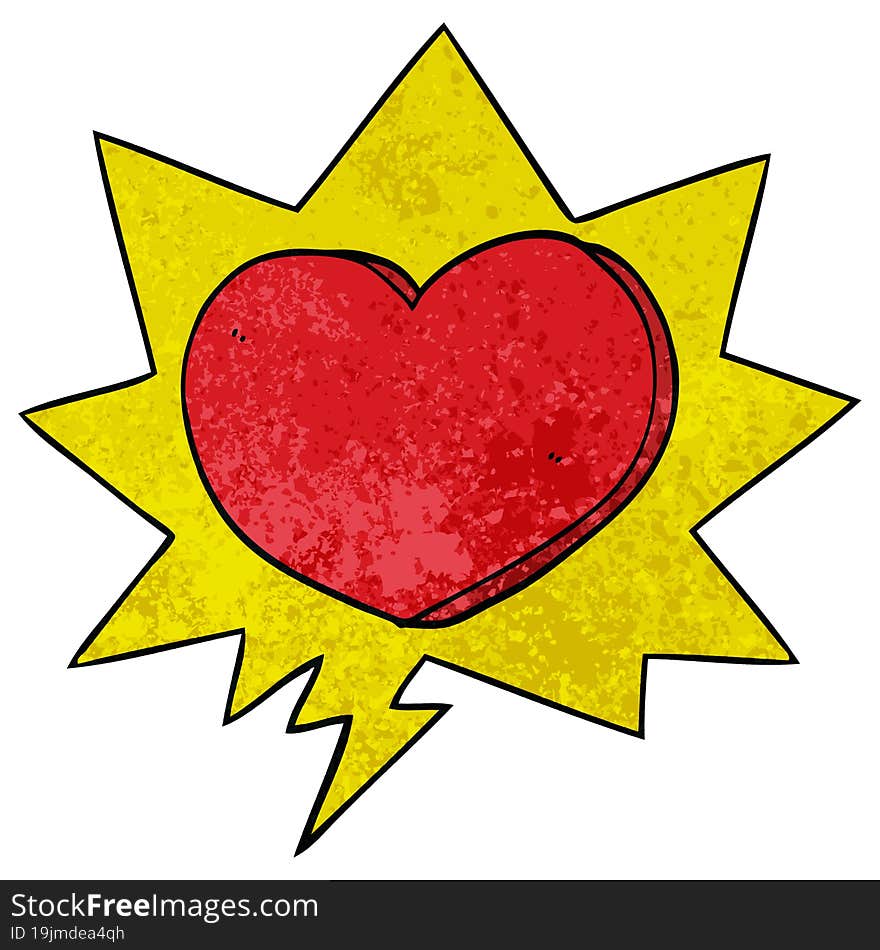 cartoon heart with speech bubble in retro texture style