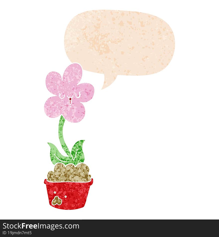 cute cartoon flower and speech bubble in retro textured style