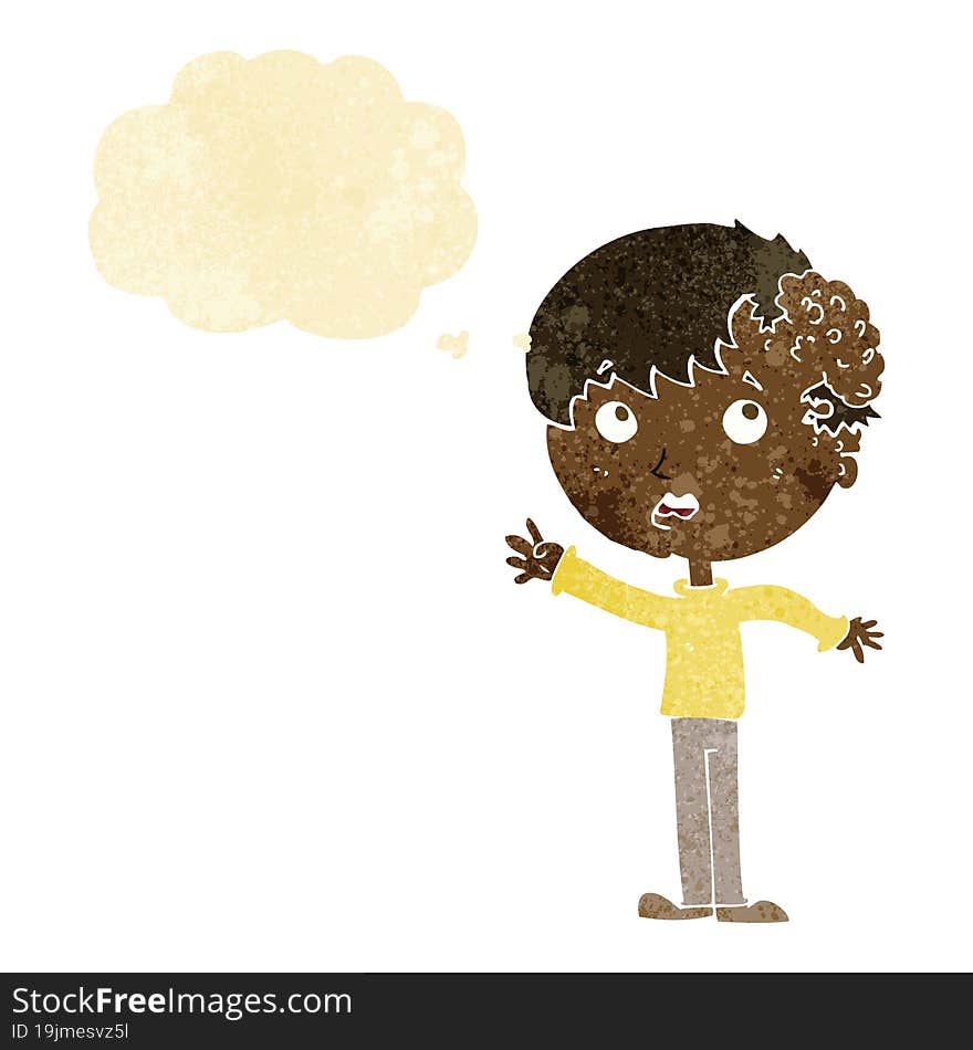 cartoon boy with growth on head with thought bubble