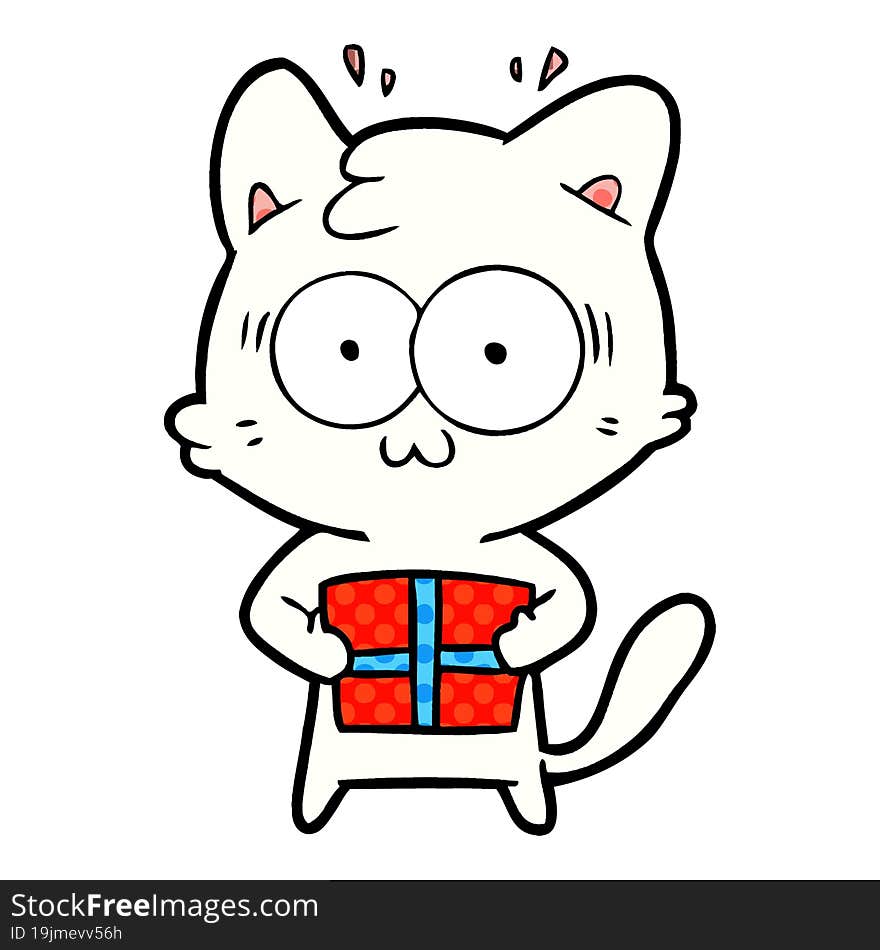 cartoon surprised cat with christmas present. cartoon surprised cat with christmas present