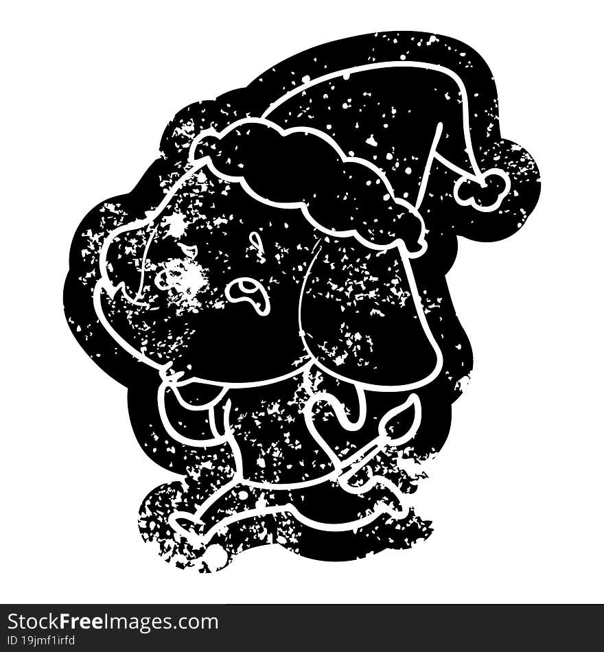 quirky cartoon distressed icon of a elephant remembering wearing santa hat