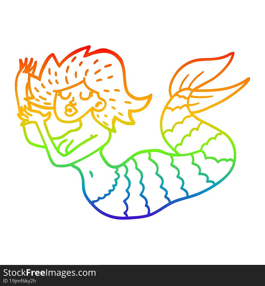 rainbow gradient line drawing of a cartoon woman mermaid