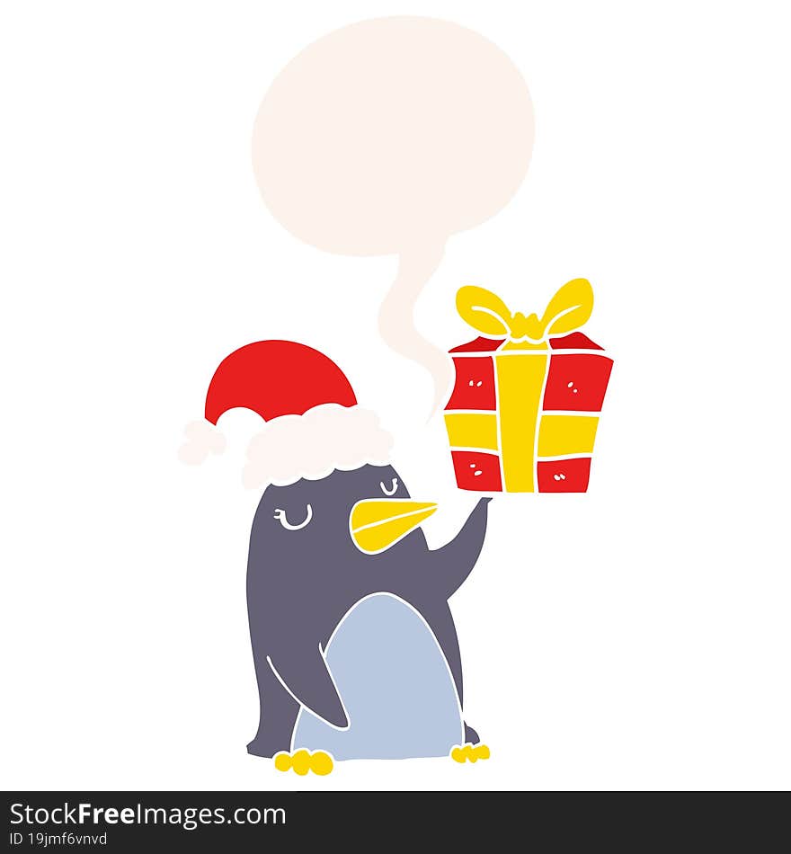 cartoon penguin and christmas present and speech bubble in retro style