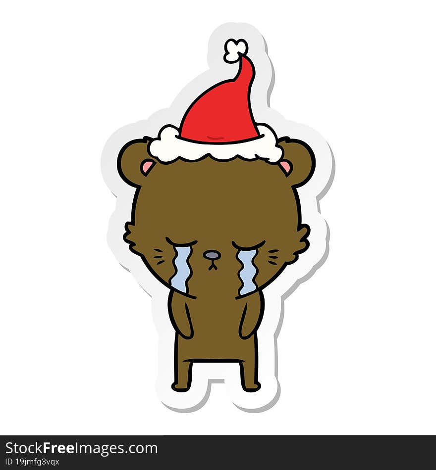 crying sticker cartoon of a bear wearing santa hat