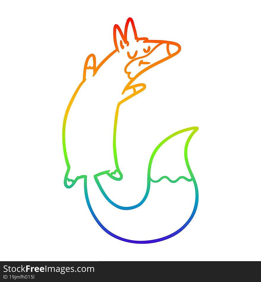 rainbow gradient line drawing of a cartoon jumping fox