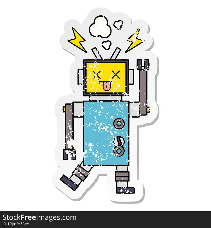 distressed sticker of a cute cartoon robot malfunction