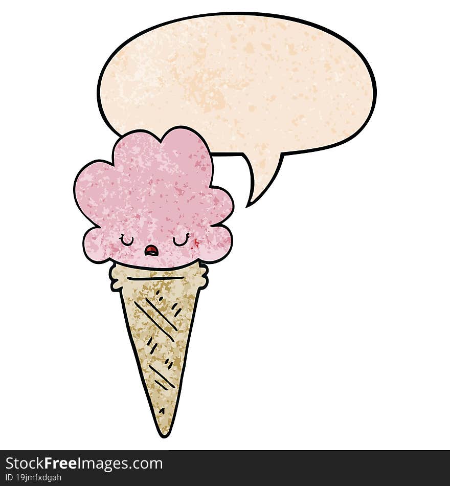 cartoon ice cream with face with speech bubble in retro texture style. cartoon ice cream with face with speech bubble in retro texture style