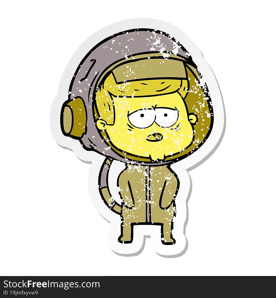 distressed sticker of a cartoon tired astronaut