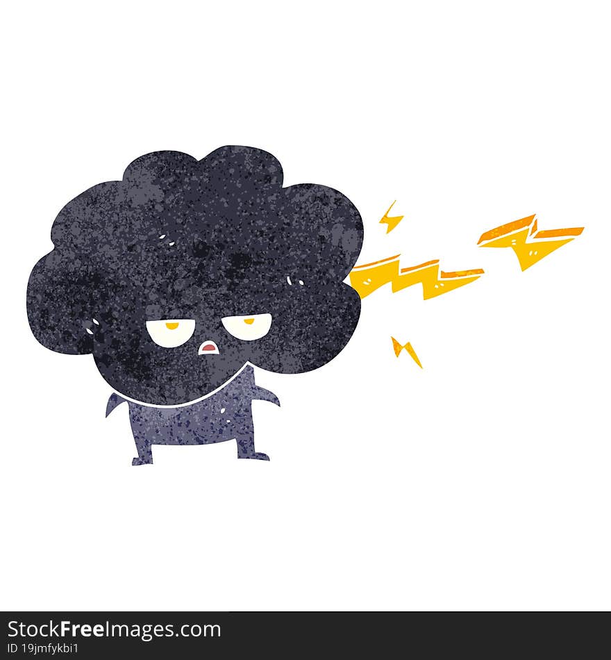 retro cartoon raincloud character shooting lightning