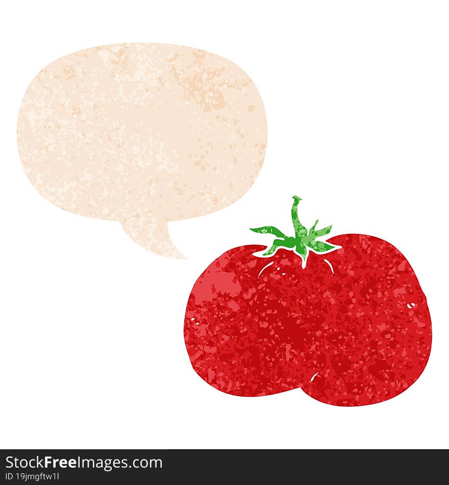 cartoon tomato and speech bubble in retro textured style