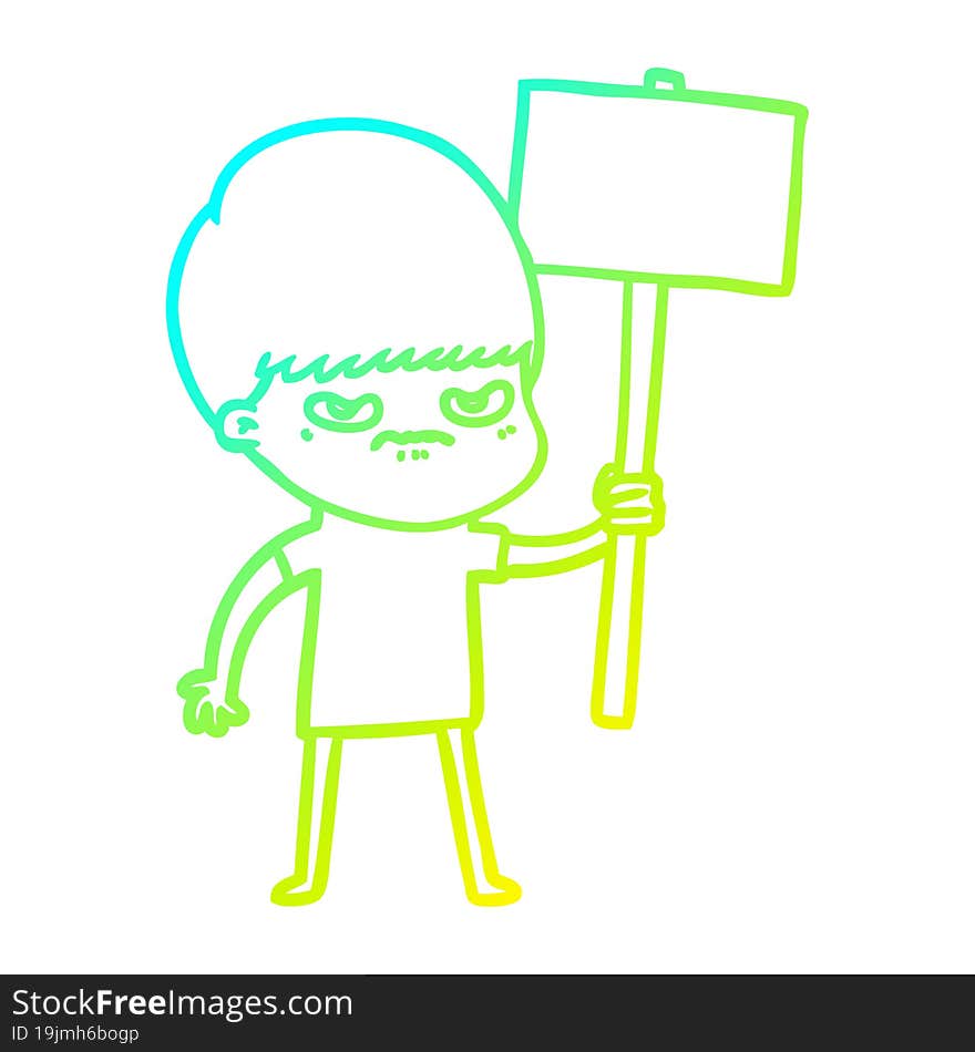 Cold Gradient Line Drawing Angry Cartoon Boy Protesting