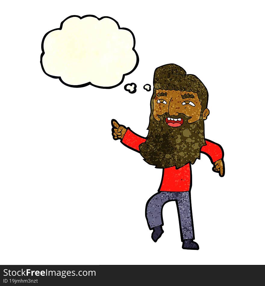 cartoon man with beard laughing and pointing with thought bubble