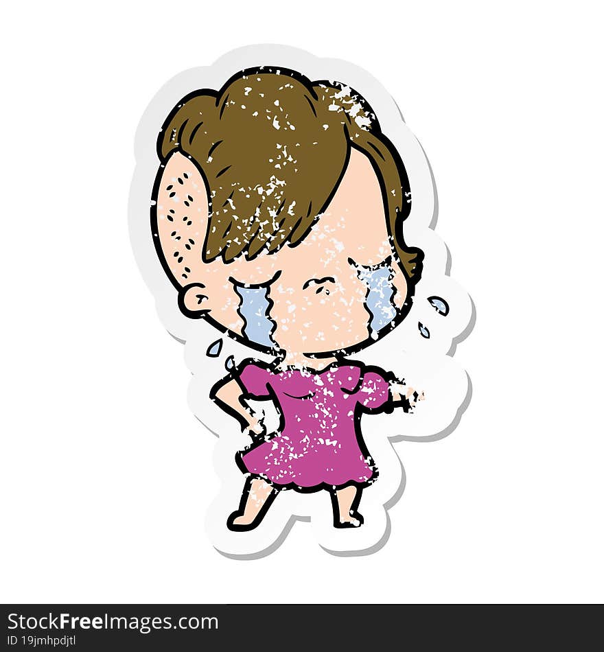 distressed sticker of a cartoon crying girl