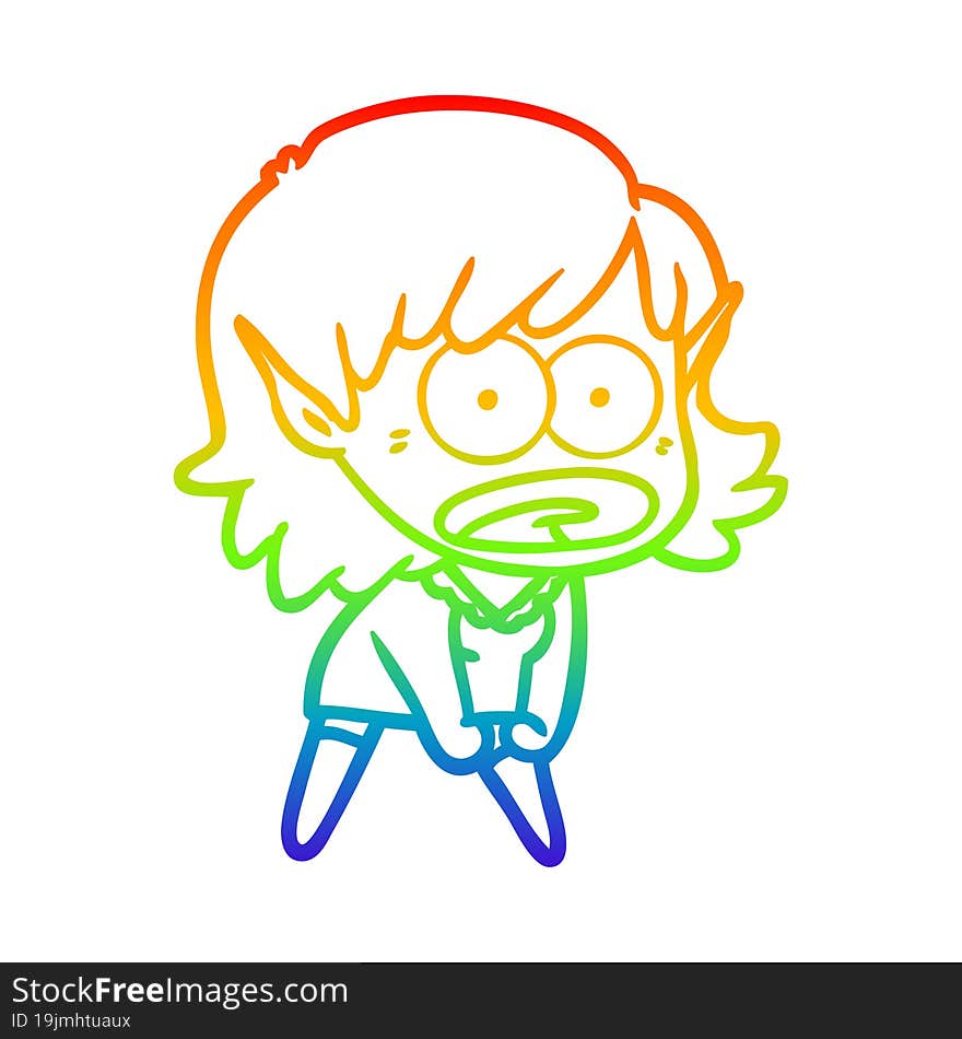 Rainbow Gradient Line Drawing Cartoon Shocked Elf Girl