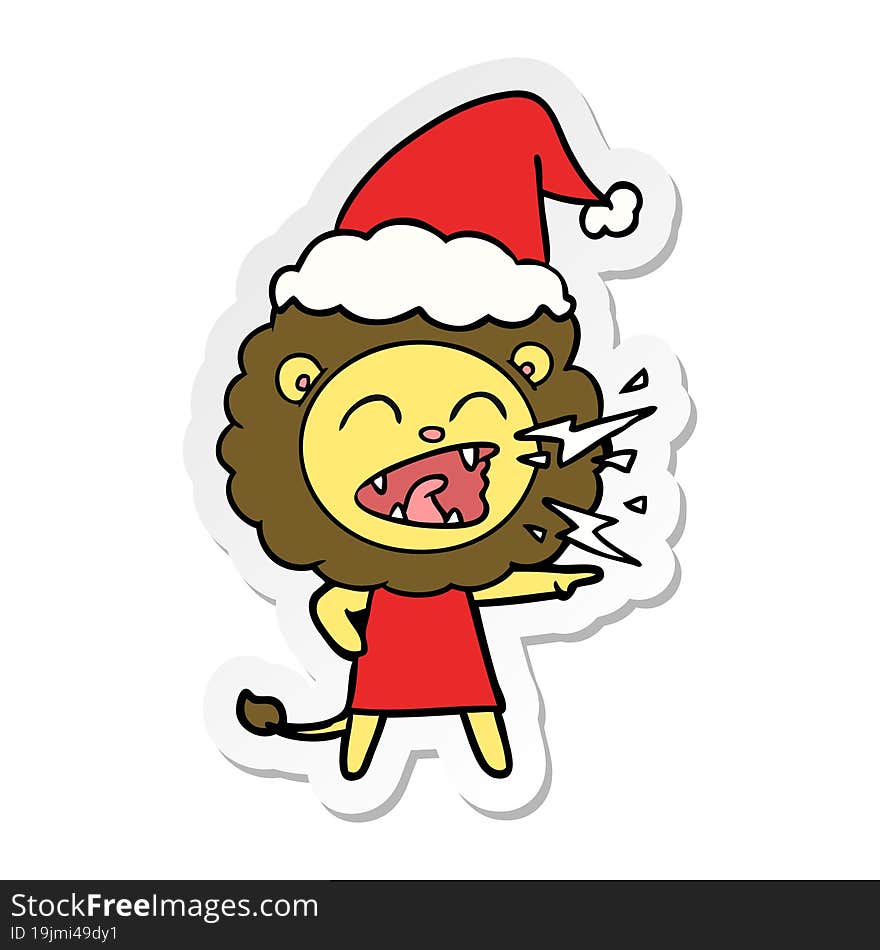 sticker cartoon of a roaring lion girl wearing santa hat