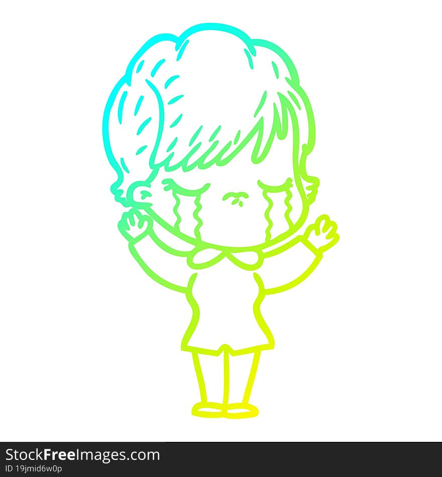 Cold Gradient Line Drawing Cartoon Woman Crying