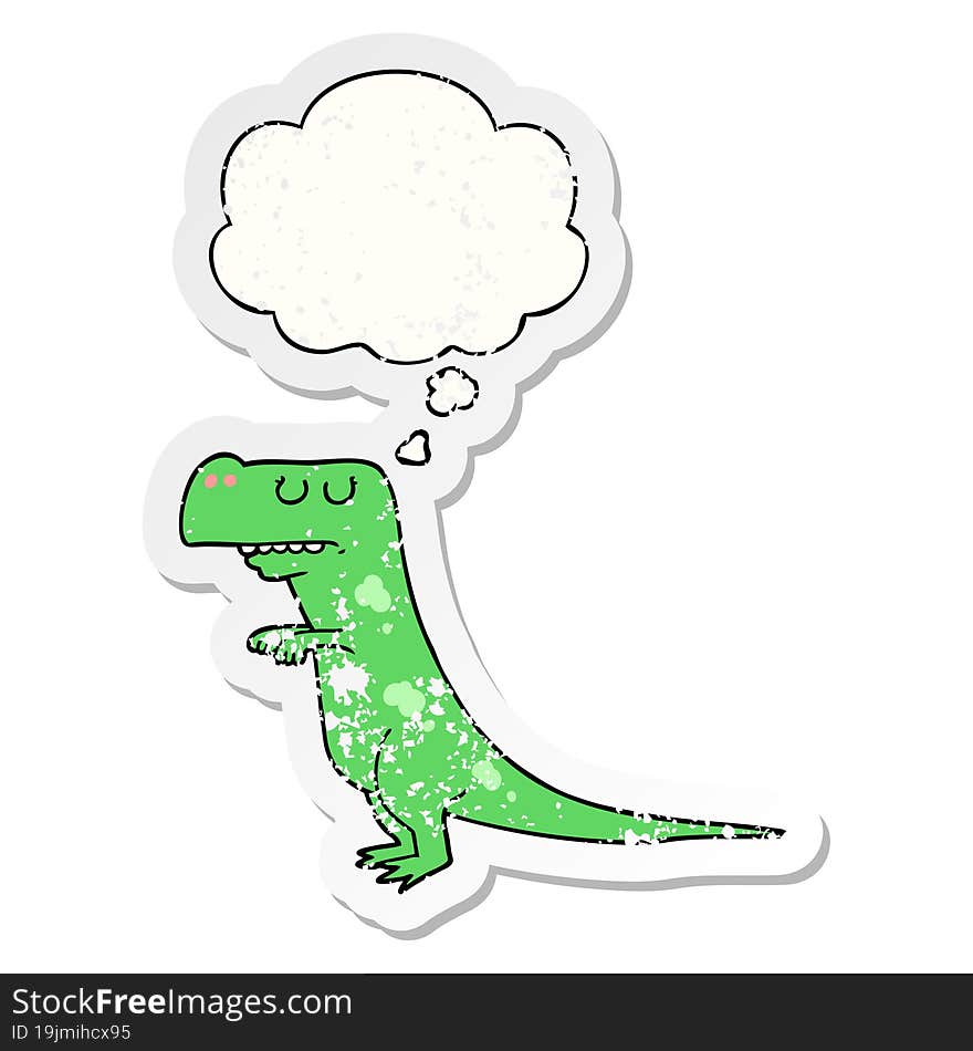 cartoon dinosaur and thought bubble as a distressed worn sticker