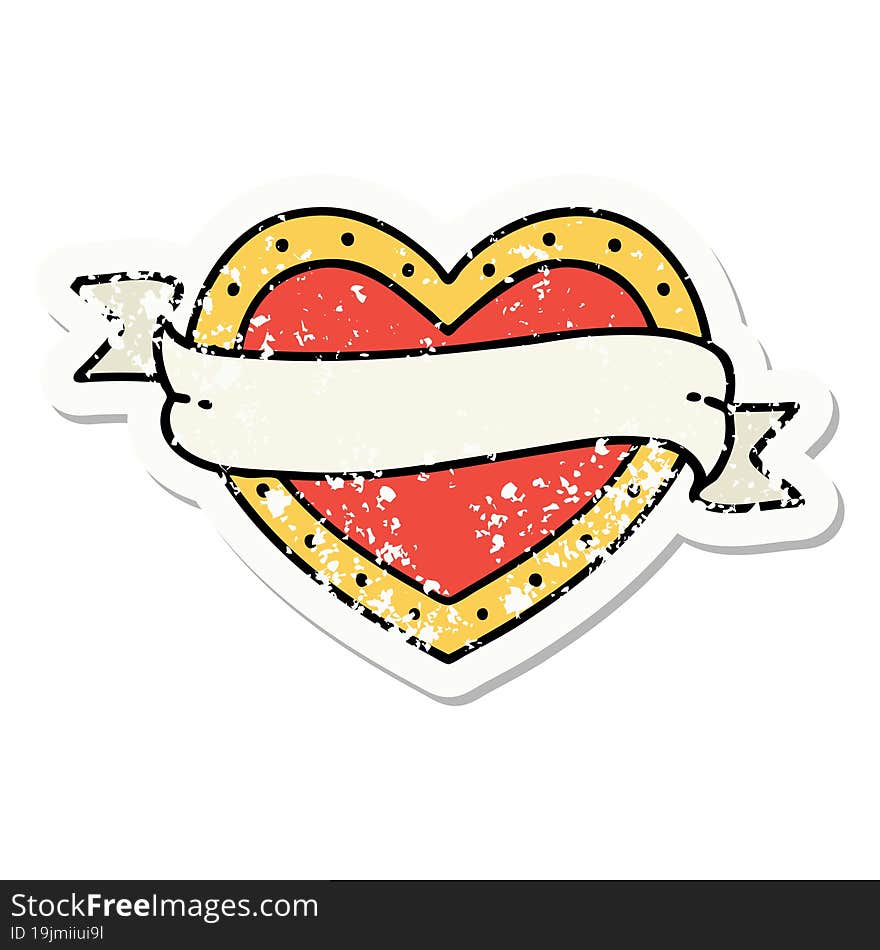 distressed sticker tattoo in traditional style of a heart and banner. distressed sticker tattoo in traditional style of a heart and banner